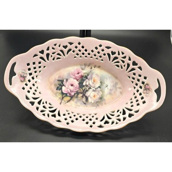 Vintage Porcelain Pink Oval Dish Reticulated Edges Floral Rose Design JJ3903 - Picture 1 of 8